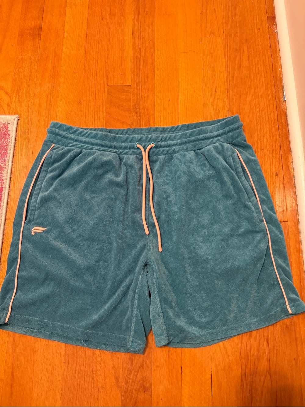 Fabletics Teal Terry Athletic Shorts with Pink Drawstring and Trim